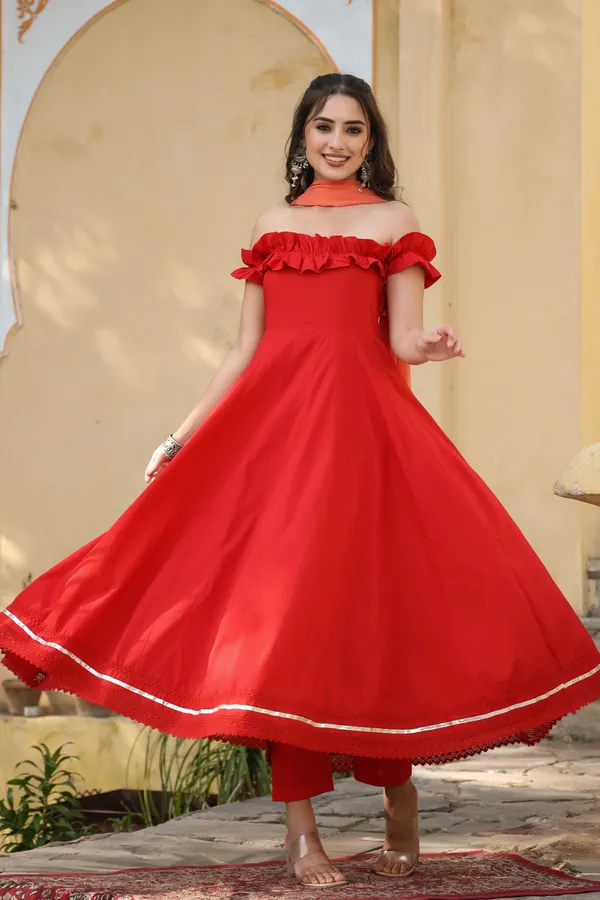 Red_Classy_Off_Shoulder_Cotton_Suit_Set_For_Women