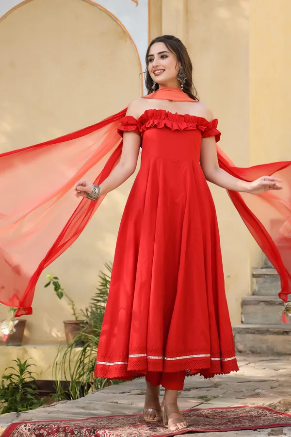 Red_Classy_Off_Shoulder_Cotton_Suit_Set_For_Women