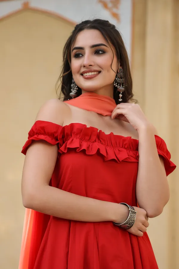 Red_Classy_Off_Shoulder_Cotton_Suit_Set_For_Women