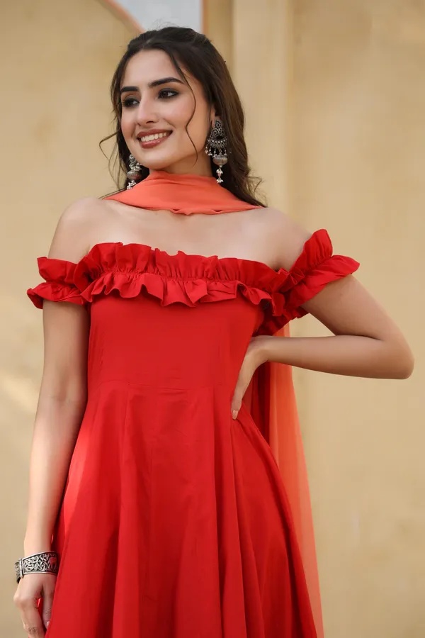 Red_Classy_Off_Shoulder_Cotton_Suit_Set_For_Women
