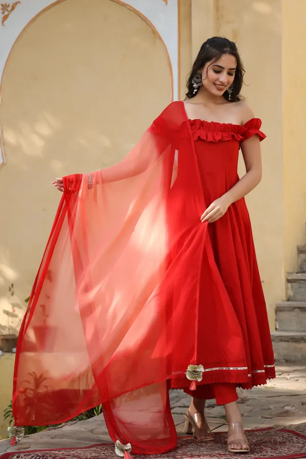 Red_Classy_Off_Shoulder_Cotton_Suit_Set_For_Women