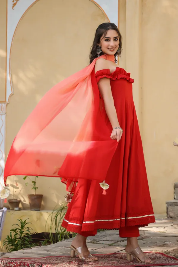 Red_Classy_Off_Shoulder_Cotton_Suit_Set_For_Women