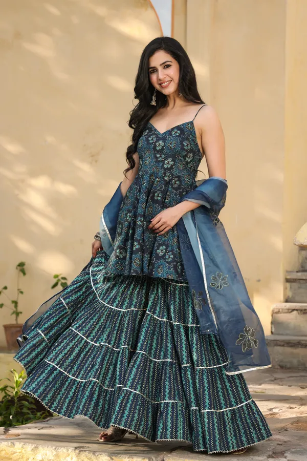 Blue_Printed_Cotton_Sharara_With_Hand_Painted_Dupatta_For_Women