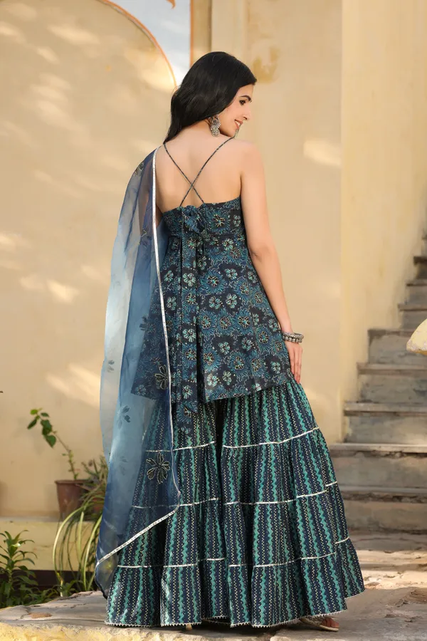 Blue_Printed_Cotton_Sharara_With_Hand_Painted_Dupatta_For_Women