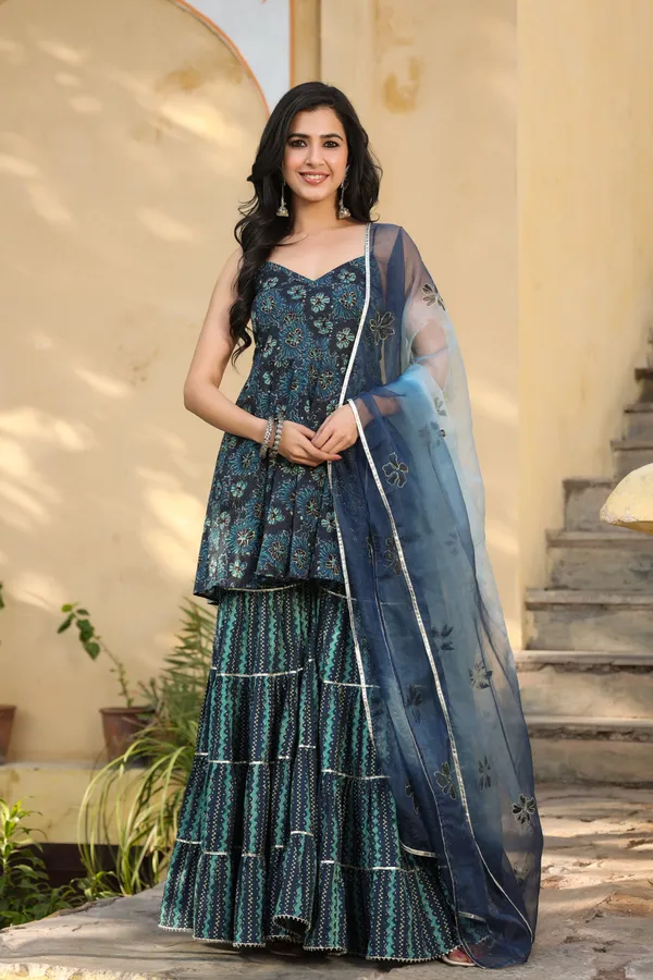 Blue_Printed_Cotton_Sharara_With_Hand_Painted_Dupatta_For_Women