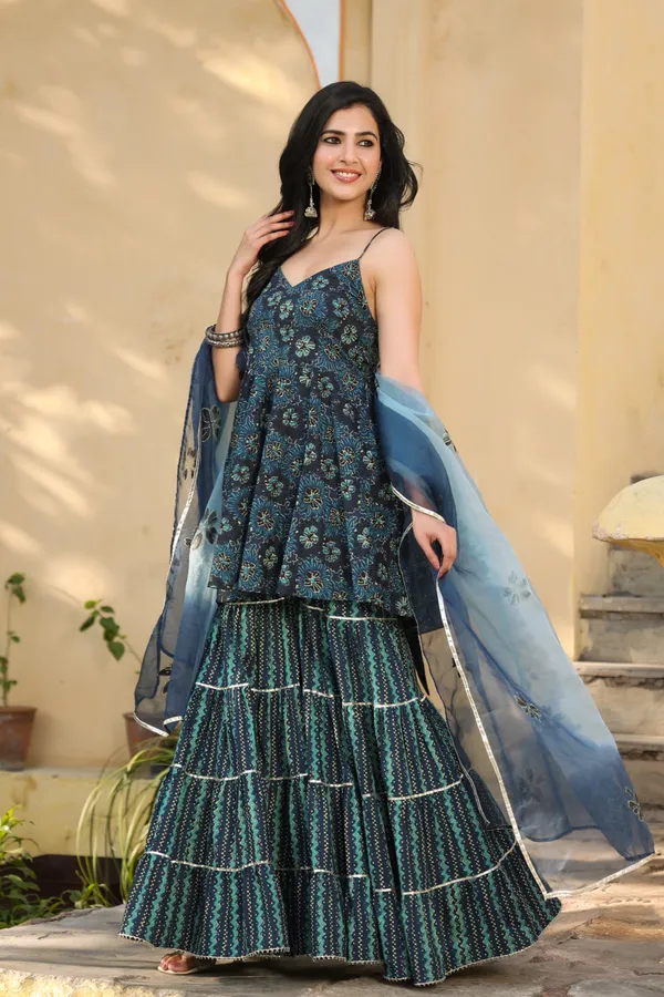 Blue_Printed_Cotton_Sharara_With_Hand_Painted_Dupatta_For_Women