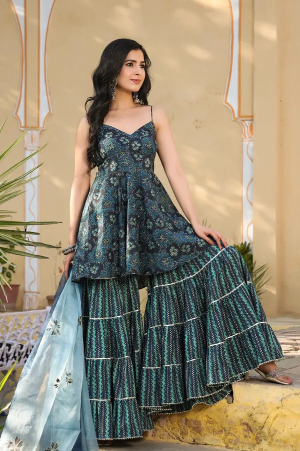 Blue_Printed_Cotton_Sharara_With_Hand_Painted_Dupatta_For_Women