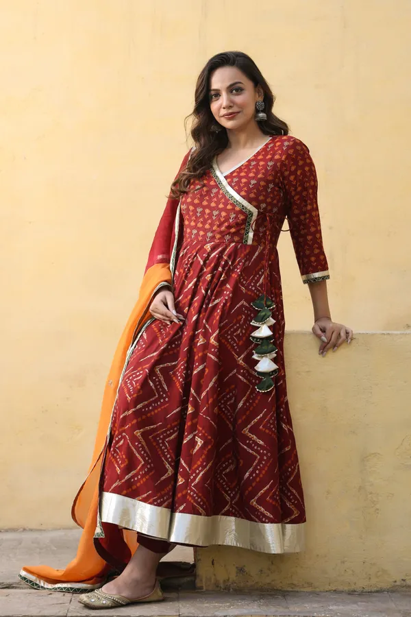 Maroon_Angrakha_Chanderi_Anarkali_Suit_Set_For_Women