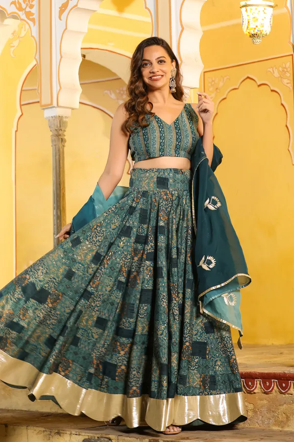 Blue_Printed_Chanderi_Lehenga_Set_For_Women