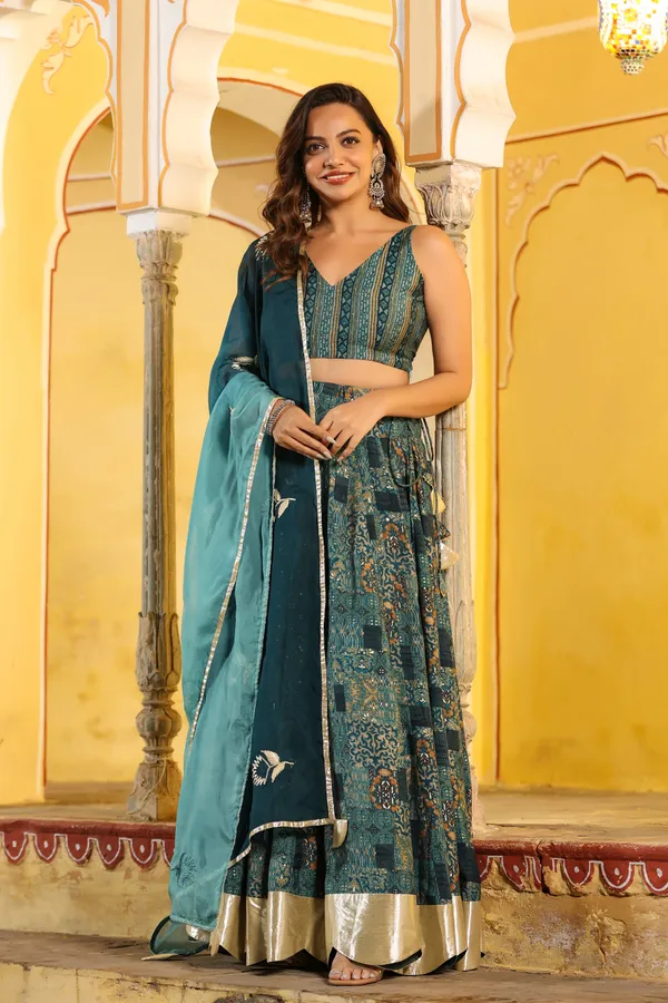 Blue_Printed_Chanderi_Lehenga_Set_For_Women