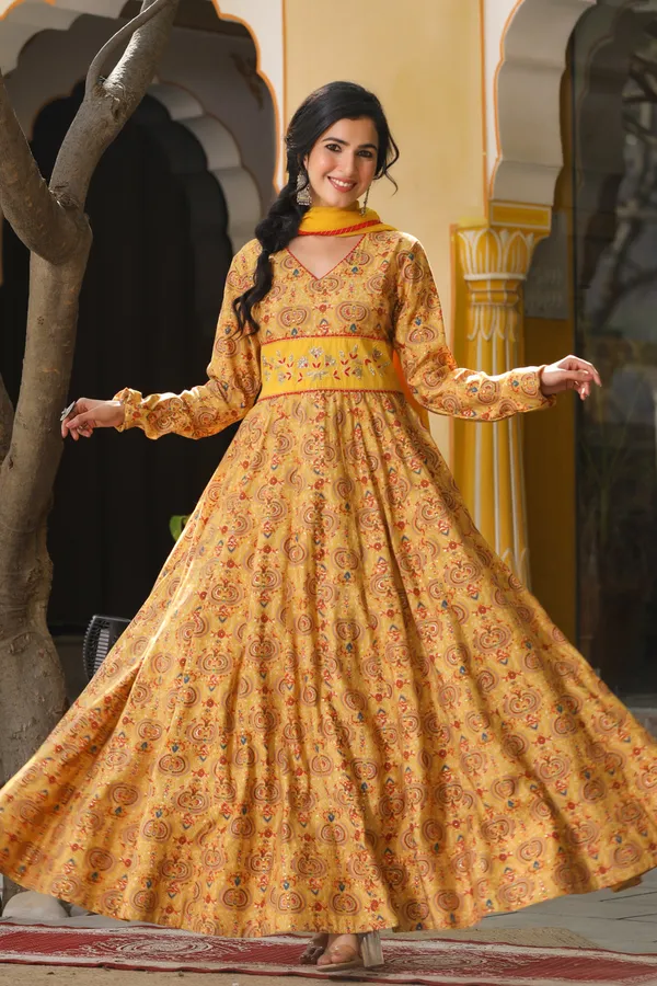 Mustard_Ethnic_Chanderi_Dress_With_Dupatta_For_Women