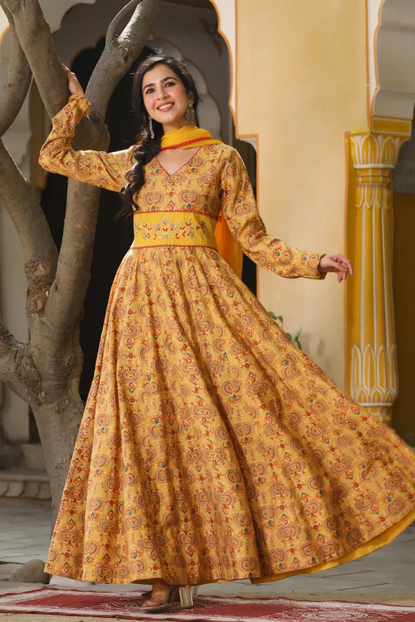 Mustard_Ethnic_Chanderi_Dress_With_Dupatta_For_Women