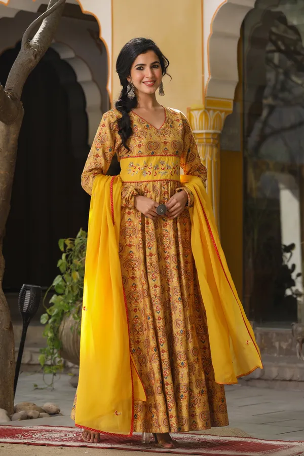 Mustard_Ethnic_Chanderi_Dress_With_Dupatta_For_Women