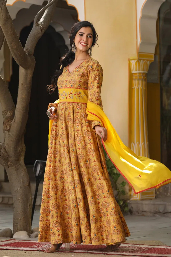 Mustard_Ethnic_Chanderi_Dress_With_Dupatta_For_Women