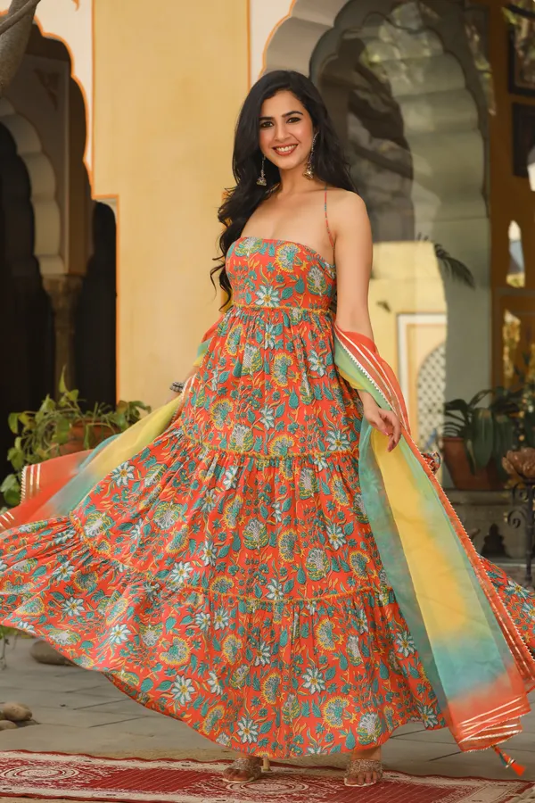 Maroon_Printed_Rayon_Gown_With_Dupatta_For_Women