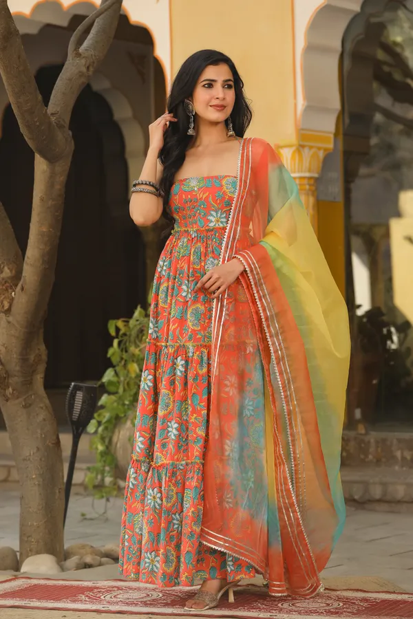 Maroon_Printed_Rayon_Gown_With_Dupatta_For_Women