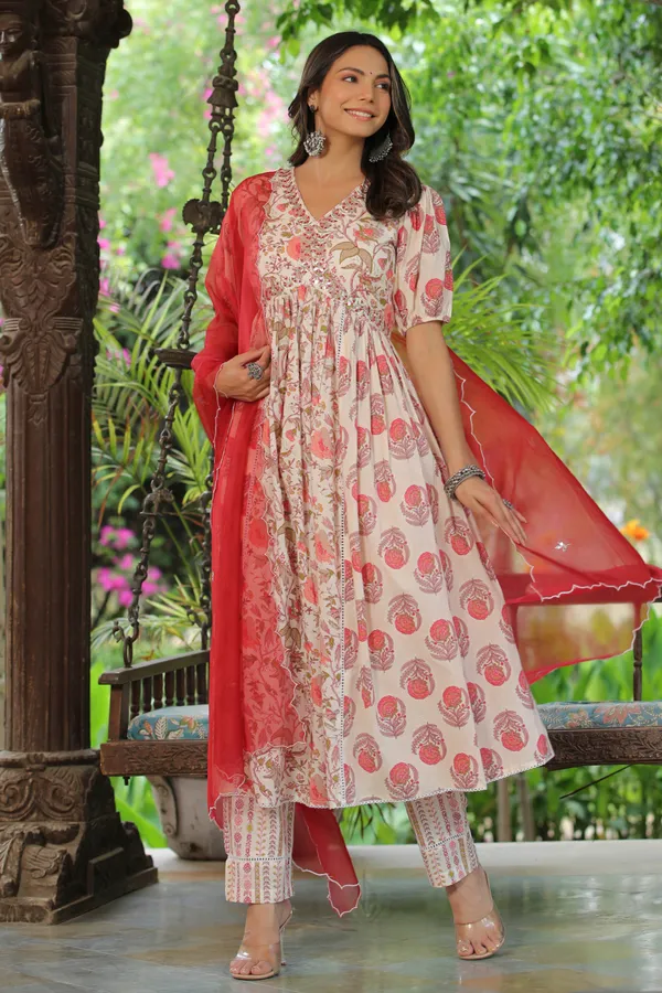 White_&_Red_Embroidered_Cotton_Suit_Set_For_Women