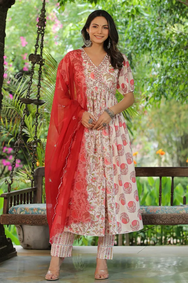 White_&_Red_Embroidered_Cotton_Suit_Set_For_Women