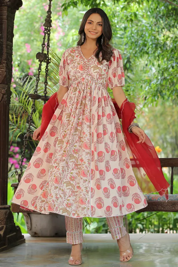 White_&_Red_Embroidered_Cotton_Suit_Set_For_Women