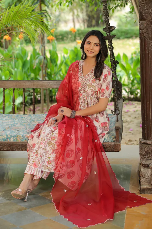White_&_Red_Embroidered_Cotton_Suit_Set_For_Women