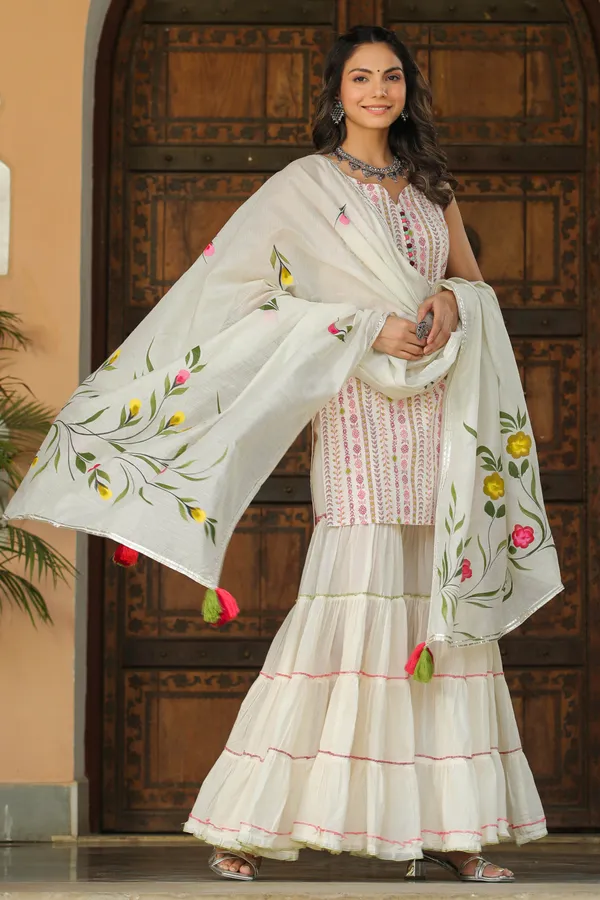 White_Handpainted_Cotton_Sharara_Set_For_Women