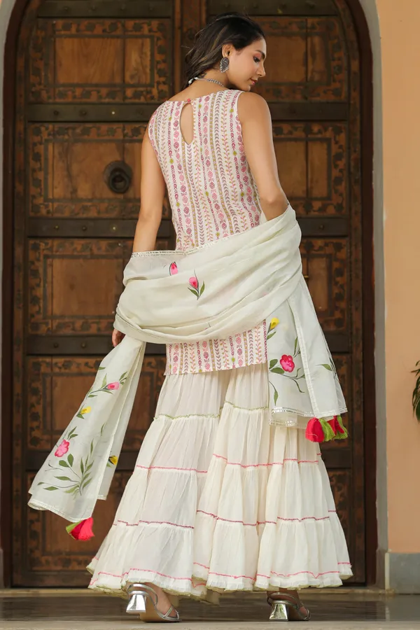 White_Handpainted_Cotton_Sharara_Set_For_Women