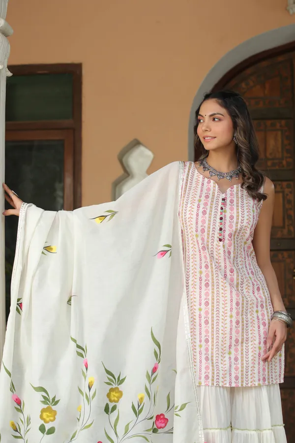 White_Handpainted_Cotton_Sharara_Set_For_Women