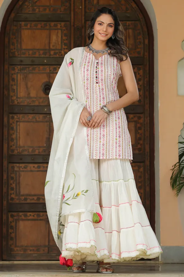 White_Handpainted_Cotton_Sharara_Set_For_Women