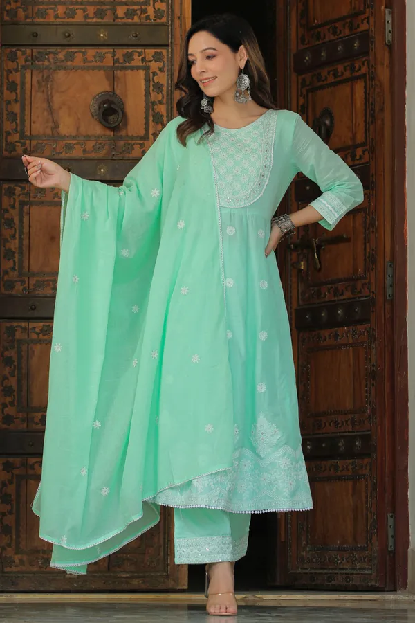 Green_Embroidered_Cotton_Suit_Set_For_Women