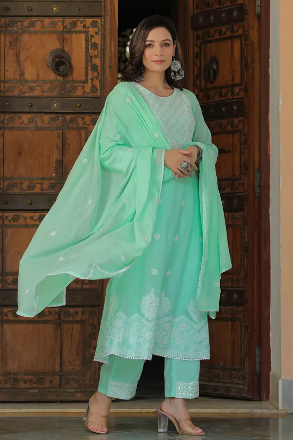 Green_Embroidered_Cotton_Suit_Set_For_Women