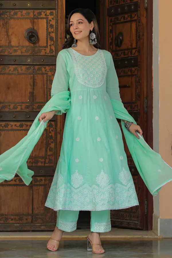 Green_Embroidered_Cotton_Suit_Set_For_Women