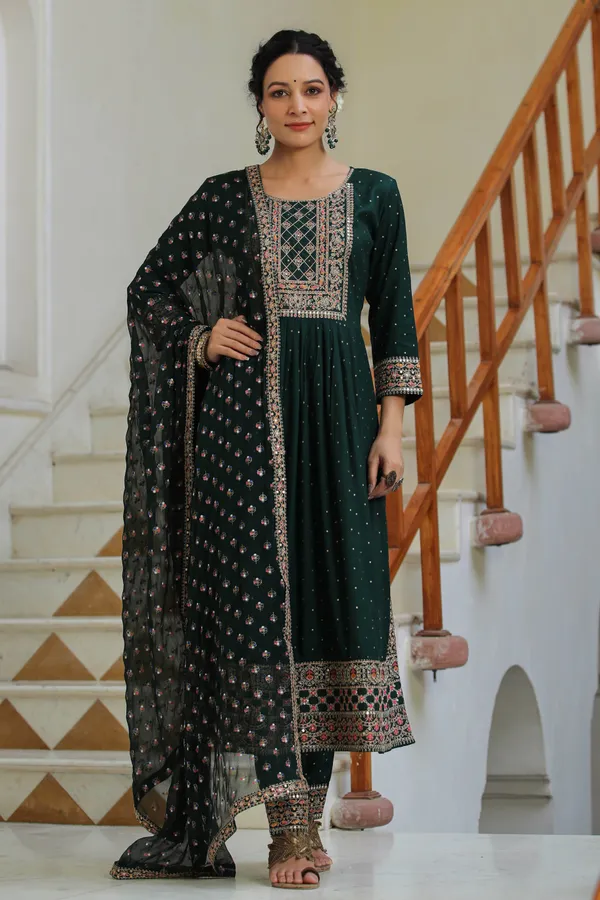 Bottle_Green_Lehriya_Embroidered_Suit_Set_For_Women