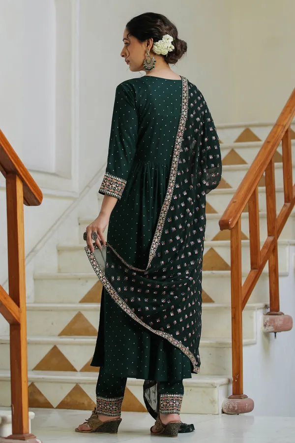 Bottle_Green_Lehriya_Embroidered_Suit_Set_For_Women