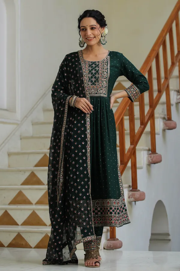 Bottle_Green_Lehriya_Embroidered_Suit_Set_For_Women
