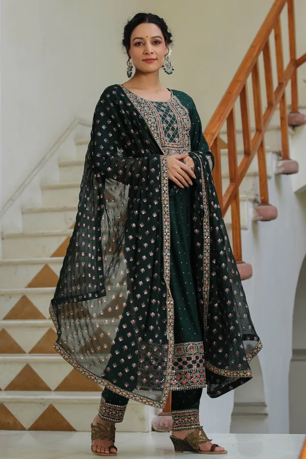 Bottle_Green_Lehriya_Embroidered_Suit_Set_For_Women