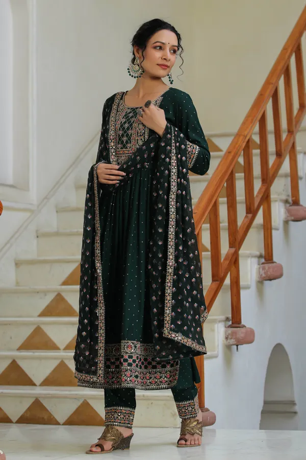 Bottle_Green_Lehriya_Embroidered_Suit_Set_For_Women
