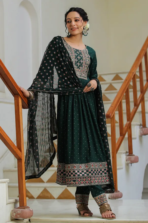 Bottle_Green_Lehriya_Embroidered_Suit_Set_For_Women