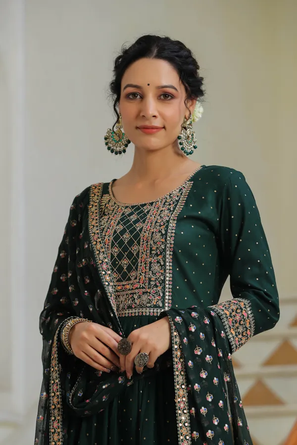 Bottle_Green_Lehriya_Embroidered_Suit_Set_For_Women
