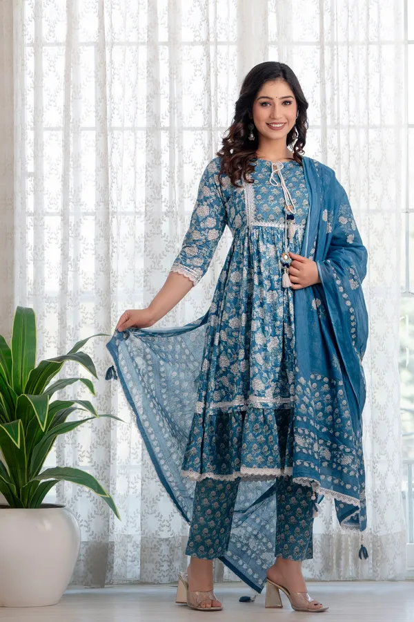 Blue_Floral_Printed_Tie-Up_Neck_Pure_Cotton_A-Line_Kurta_&_Trousers_With_Dupatta_For_Women
