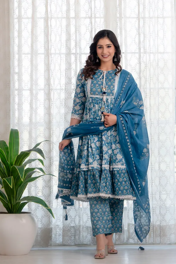 Blue_Floral_Printed_Tie-Up_Neck_Pure_Cotton_A-Line_Kurta_&_Trousers_With_Dupatta_For_Women
