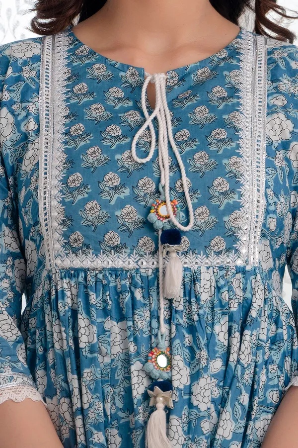 Blue_Floral_Printed_Tie-Up_Neck_Pure_Cotton_A-Line_Kurta_&_Trousers_With_Dupatta_For_Women