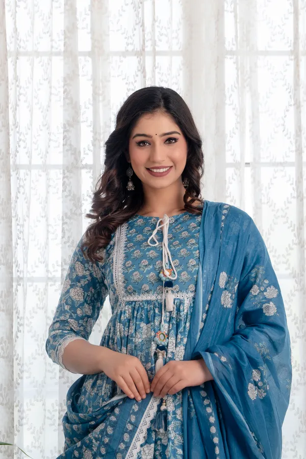 Blue_Floral_Printed_Tie-Up_Neck_Pure_Cotton_A-Line_Kurta_&_Trousers_With_Dupatta_For_Women