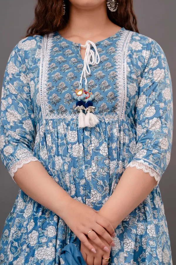 Blue_Floral_Printed_Tie-Up_Neck_Pure_Cotton_A-Line_Kurta_&_Trousers_With_Dupatta_For_Women