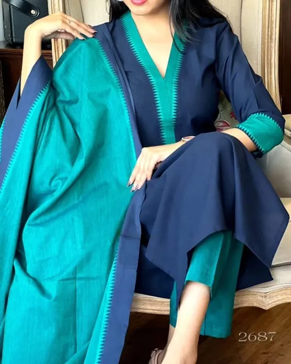 Blue_&_Green_South_Cotton_Handloom_Kurti_With_Pant_&_Dupatta_Set_|_For_Women