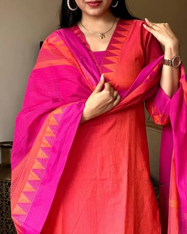Orange_South_Cotton_Handloom_Kurti_With_Pant_&_Dupatta_Set_|_For_Women
