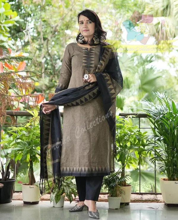 Brown_South_Cotton_Handloom_Kurti_With_Pant_&_Dupatta_Set_|_For_Women