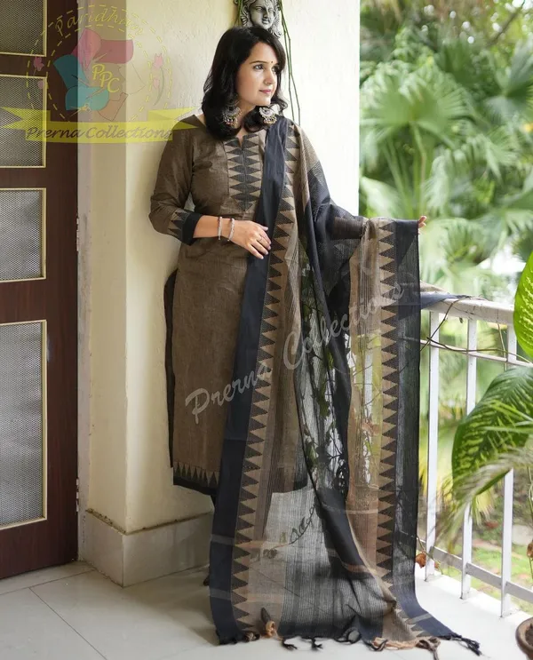 Brown_South_Cotton_Handloom_Kurti_With_Pant_&_Dupatta_Set_|_For_Women