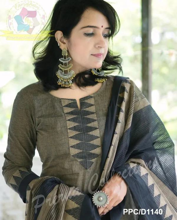 Brown_South_Cotton_Handloom_Kurti_With_Pant_&_Dupatta_Set_|_For_Women