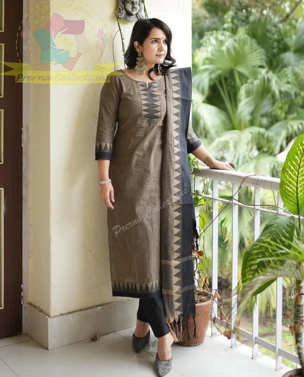 Brown_South_Cotton_Handloom_Kurti_With_Pant_&_Dupatta_Set_|_For_Women