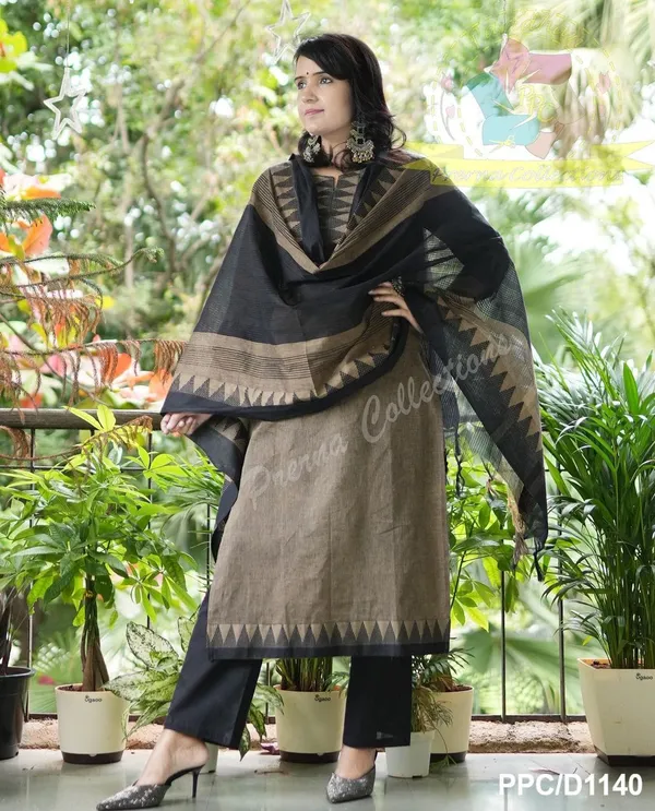 Brown_South_Cotton_Handloom_Kurti_With_Pant_&_Dupatta_Set_|_For_Women